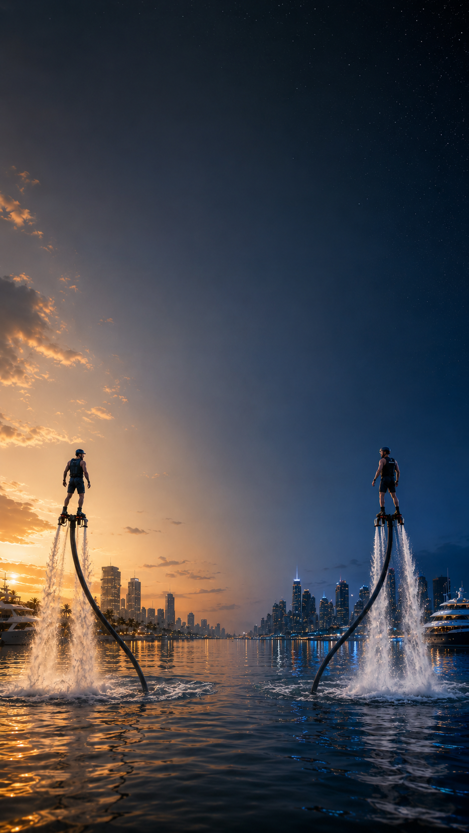 Two hydroflight performers lifted on columns of water at dusk over a yacht-lined city waterfront